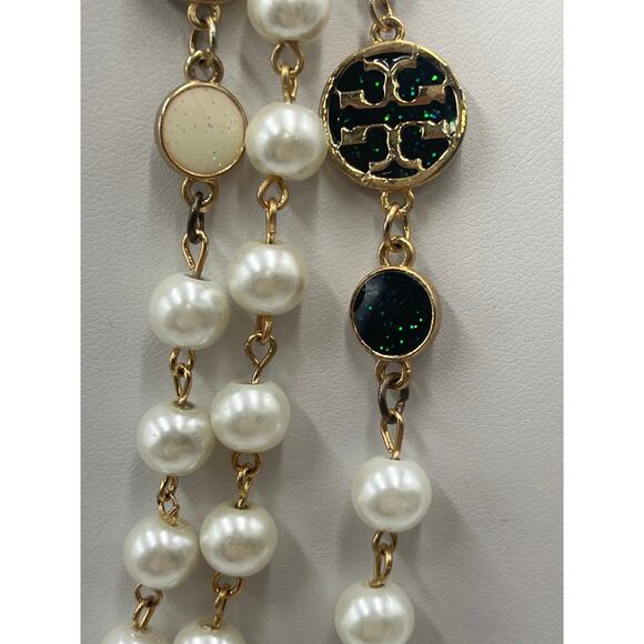 Tory Burch Authentic Long
Pearl Logo Medallion
Multi-Strand Gold 60" Necklace - Picture 7 of 15